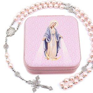 8mm Pearl Rosary Necklace Catholic Jewelry for First Communion Baptism Pink